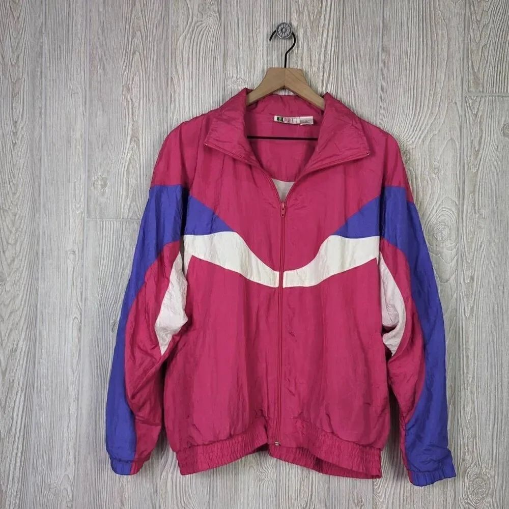 Vintage Bold Spirit Womens Large Track Jacket Windbreaker Pink Purple Zip Front